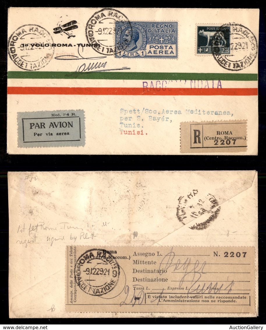 POSTA AEREA  - 1929 (11 Dicembre) - Roma Tunisi (2016a - Nota) - Aerogramma Raccomandato - Autografo Tonini - 2 Volati - Otros & Sin Clasificación