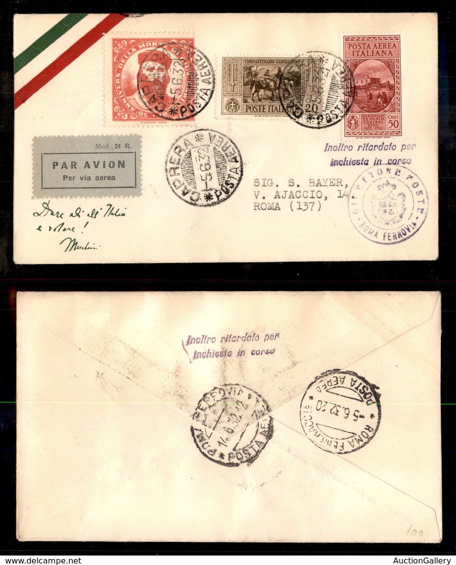 POSTA AEREA  - 1932 (5 Giugno) - Caprera Roma (2698) - Inoltro Ritardato - 100 Volati - Otros & Sin Clasificación