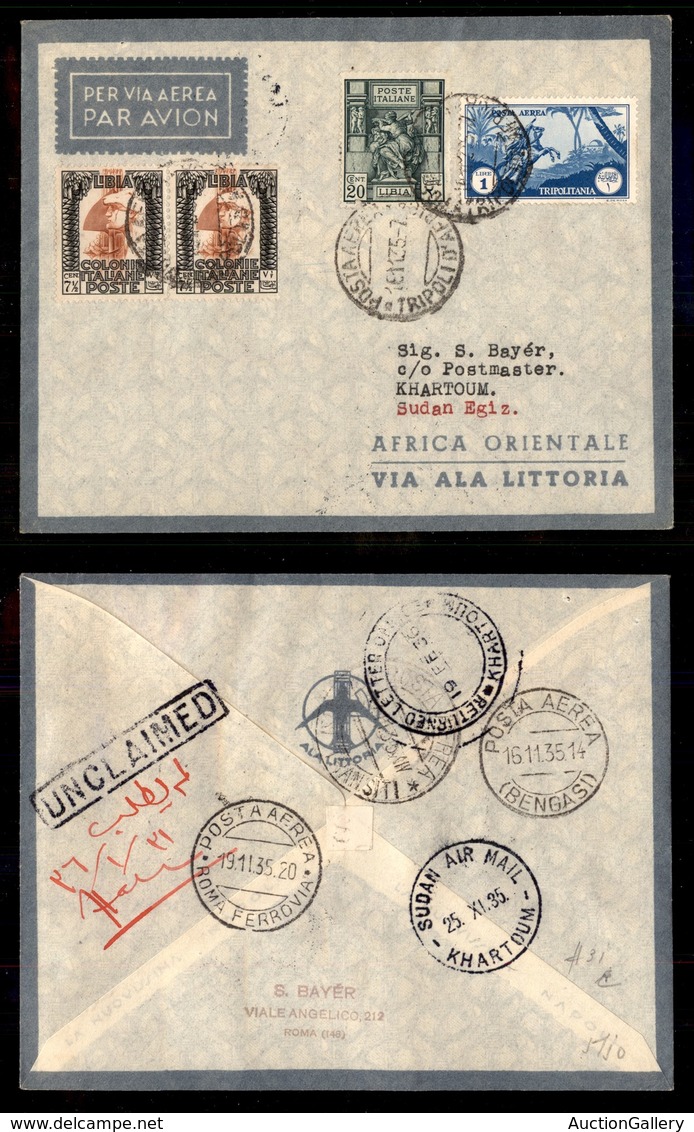 POSTA AEREA  - 1935 (16 Novembre) - Tripoli Khartoum (3346) - 21 Volati - Altri & Non Classificati