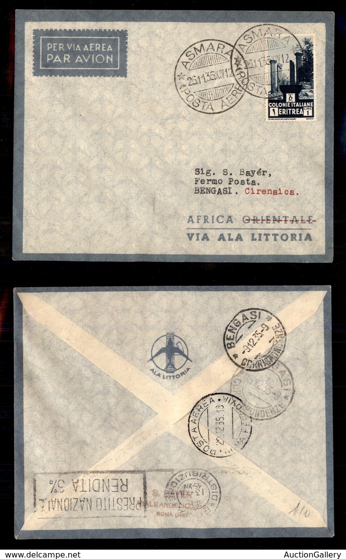 POSTA AEREA  - 1935 (26 Novembre) - Asmara Bengasi (3357) - 10 Volati - Altri & Non Classificati