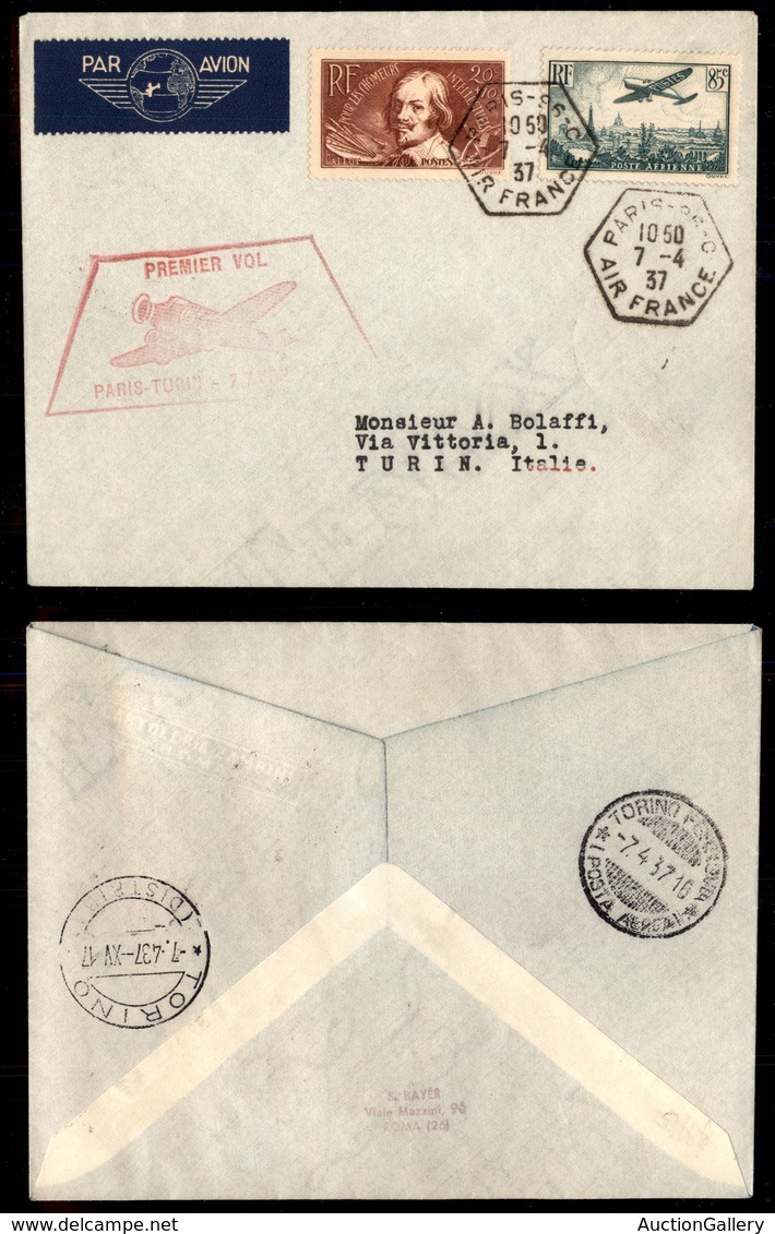 POSTA AEREA  - 1937 (7 Aprile) - Parigi Torino (3646) - 47 Volati - Otros & Sin Clasificación