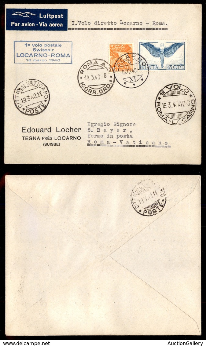 POSTA AEREA  - 1940 (19 Marzo) - Locarno (Roma) Vaticano (4000) - Altri & Non Classificati