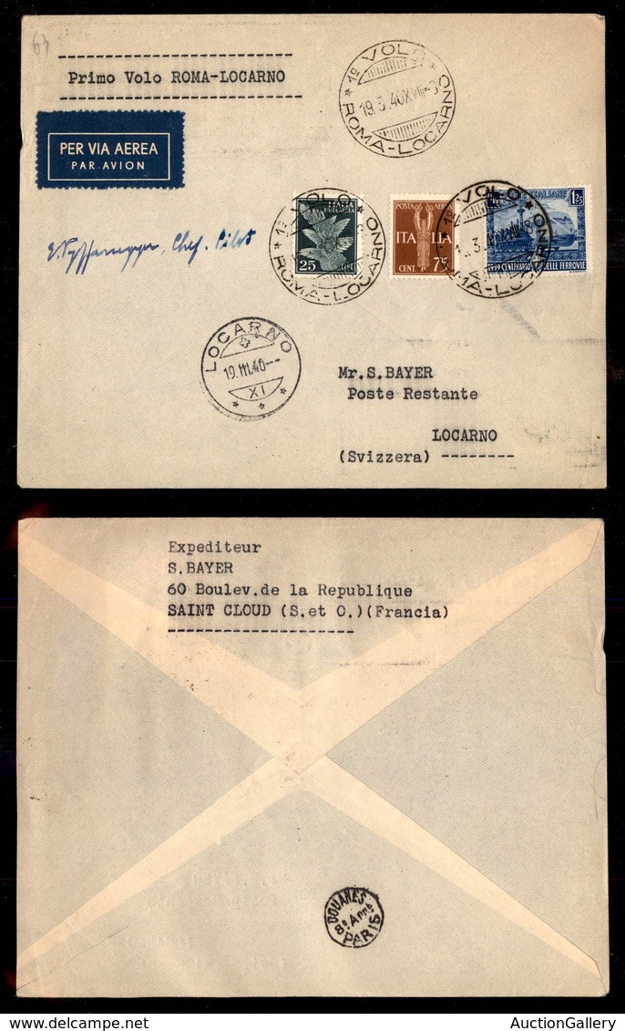 POSTA AEREA  - 1940 (19 Marzo) - Roma Locarno (4002) - Autografo Del Pilota - Otros & Sin Clasificación