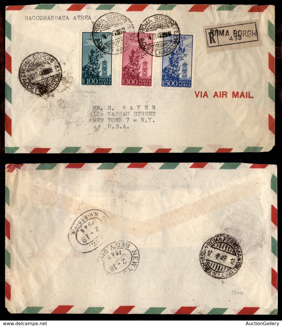 POSTA AEREA  - 1948 (16 Febbraio) - Roma New York - Campidoglio (142/144 Aerea) - Aerogramma Racco-mandato FDC - Other & Unclassified
