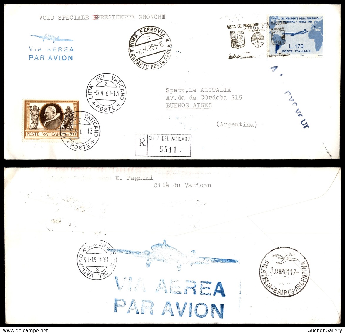 POSTA AEREA  - 1961 (6 Aprile) - Volo Gronchi - Vaticano (Roma) Buenos Aires - Otros & Sin Clasificación