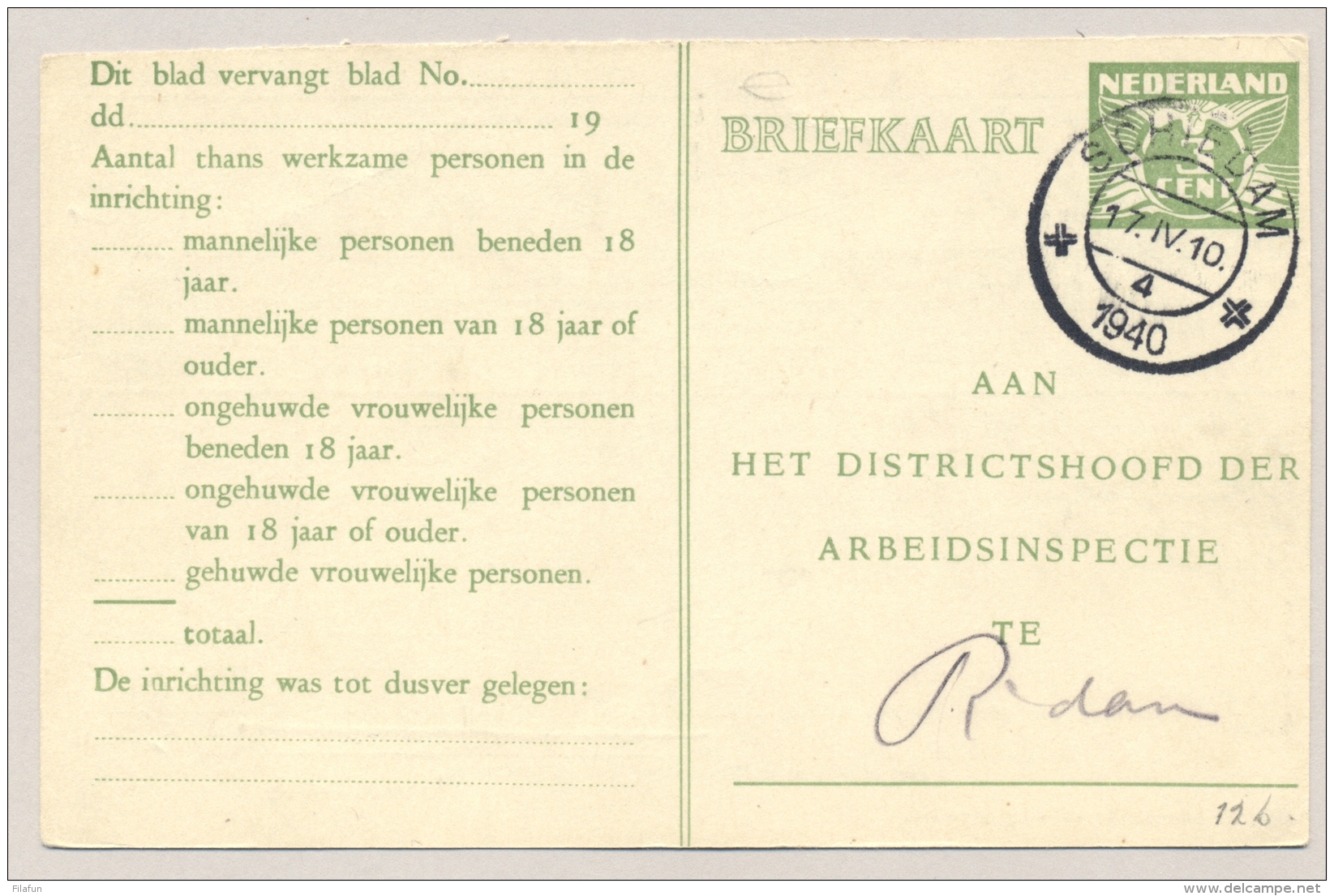 Nederland - 1940 - 3 Cent Lebeau, Arbeidslijstkaart G15b Van Schiedam Naar Rotterdam - Postal Stationery