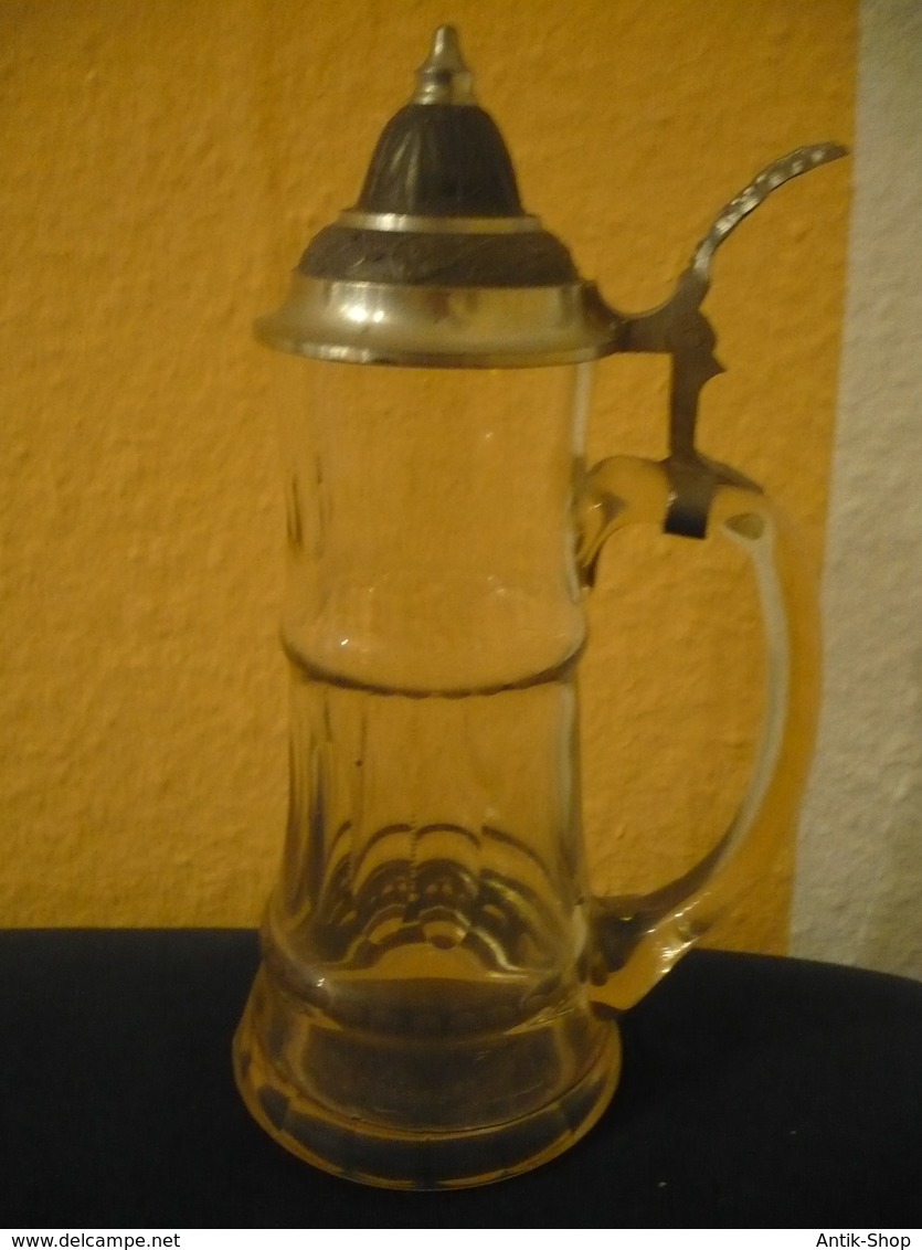 Hoher Bierkrug Mit Zinndeckel - Olivenschliff (611) Preis Reduziert - Glas & Kristall