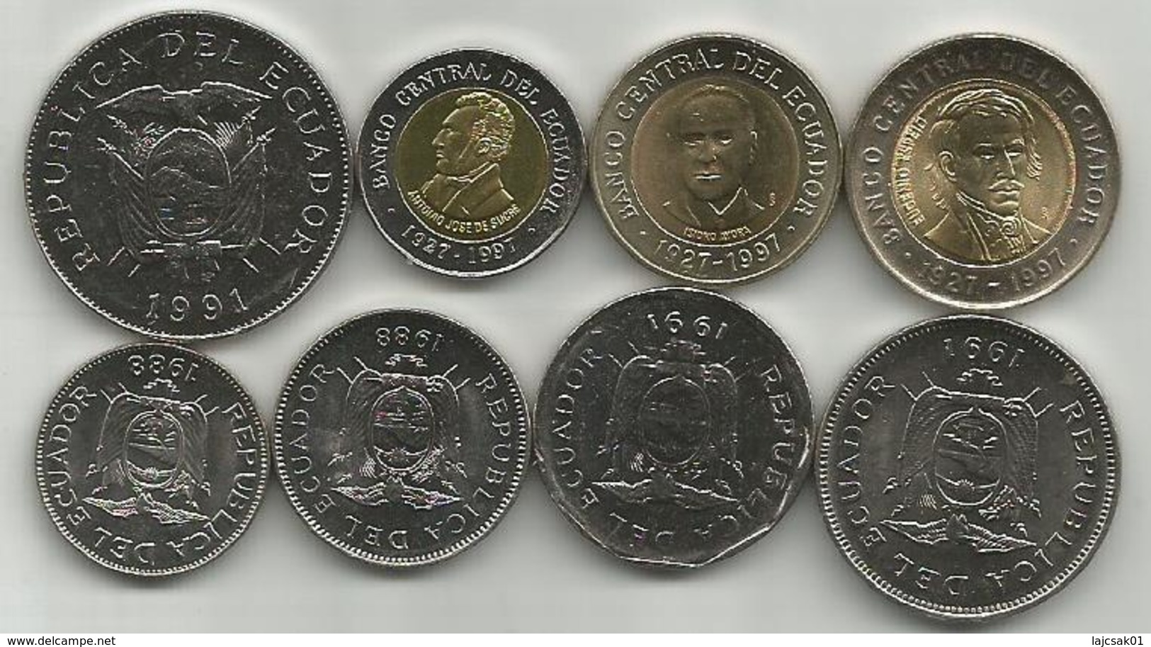 Ecuador 1988/97. Set Of 8 Coins 1 - 5 - 10 - 20 - 50 - 100 -500 - 1000 Sucre Sucres All High Grade - Ecuador