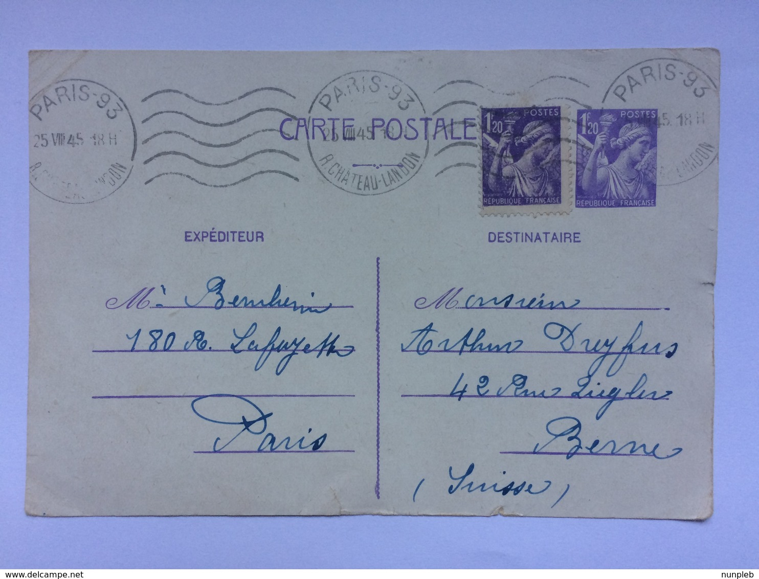 FRANCE - 1945 Carte Postale - Paris To Berne 1F20c Uprated - Covers & Documents