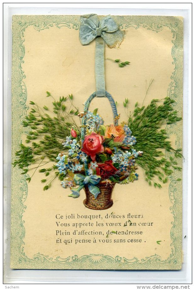 FANTAISIE  Collage Chromo Et Ajoutis Vegetaux  Ce Joli Bouquet Corbeille Avec Ruban Bleu 1910 /D10-2016 - Autres & Non Classés