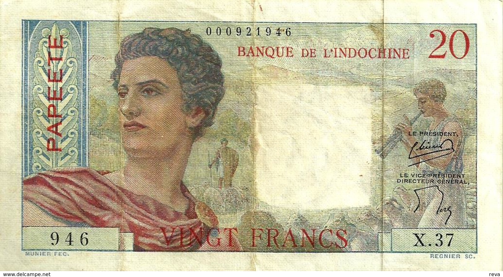FRENCH POLYNESIA 20 FRANCS GREY MAN HEAD FRONT WOMAN BACK NOT DATED(1951) P21a 1ST SIG VARIETY F READ DESCRIPTION!! - Papeete (Polynésie Française 1914-1985)