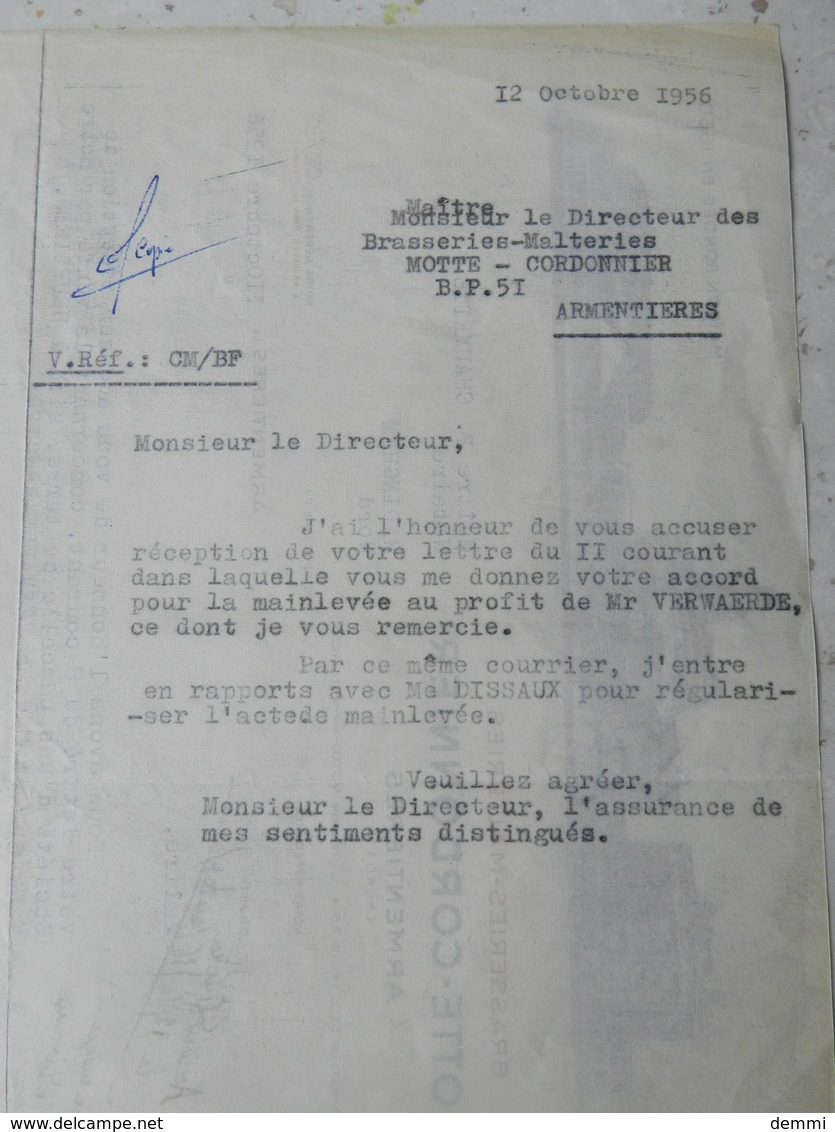 Brasserie Motte-Cordonnier - Armentières - Document Notarial - 1956 - 1900 – 1949