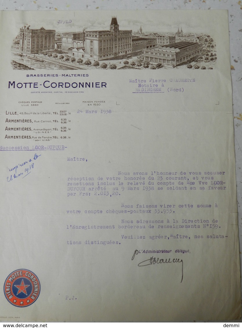 Brasserie Motte-Cordonnier - Armentières - Acte Notarial - 1938 - Radinghem (Nord) - 1900 – 1949