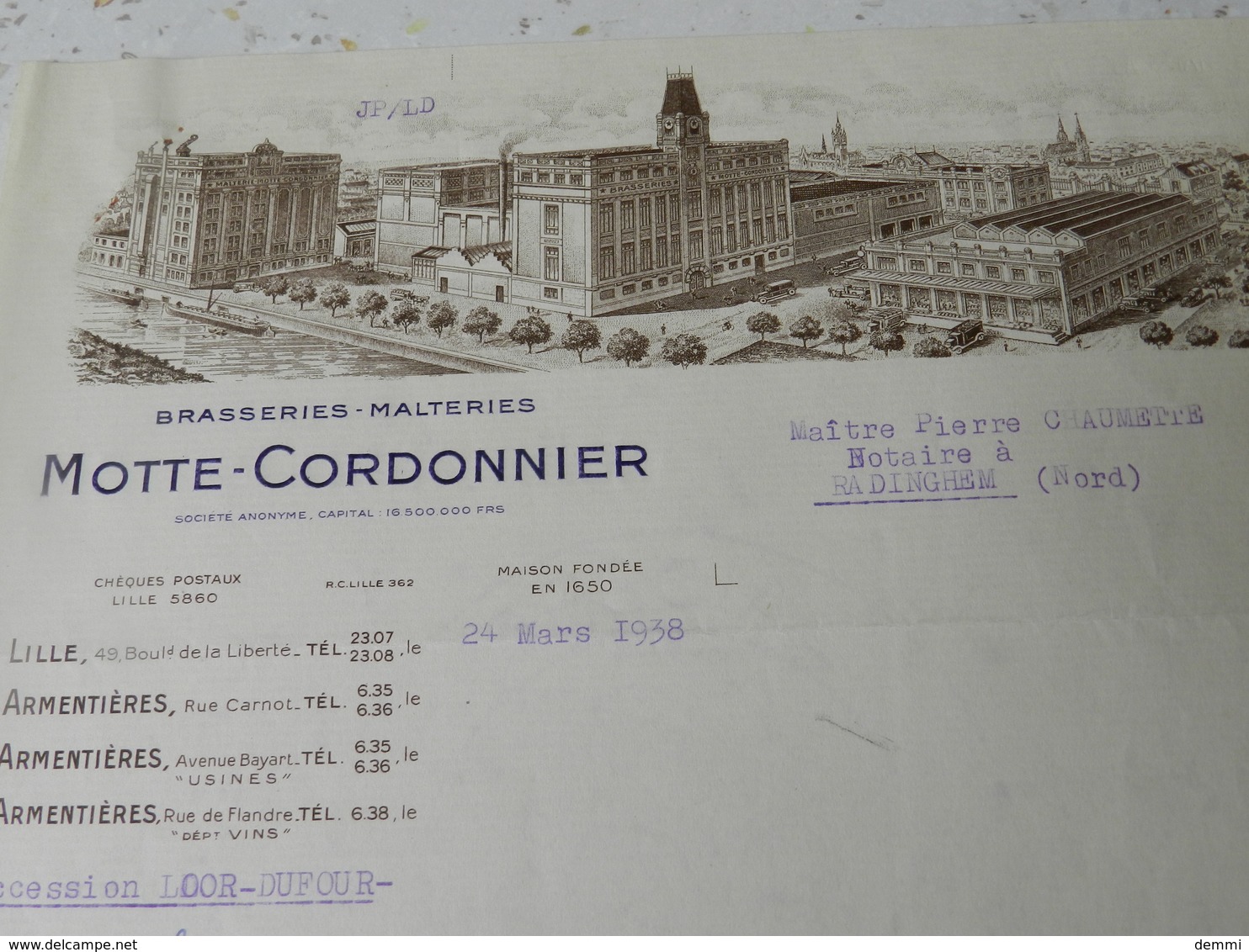 Brasserie Motte-Cordonnier - Armentières - Acte Notarial - 1938 - Radinghem (Nord) - 1900 – 1949