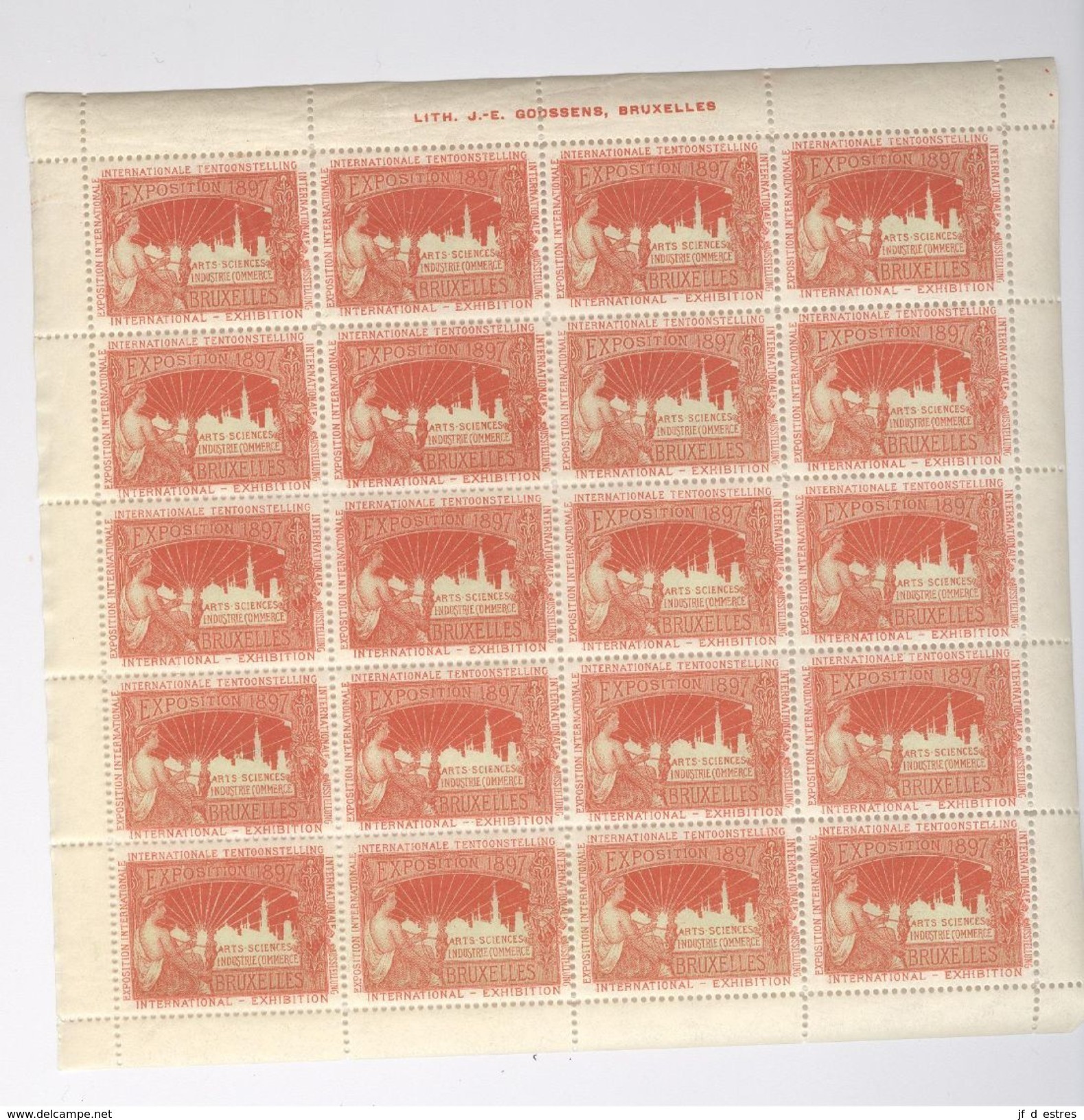 Exposition Internationale 1897 Bruxelles 4 Planches De 20 Timbres Vignettes Lith. Goossens Erinnophilie Sluitzegels - Unclassified