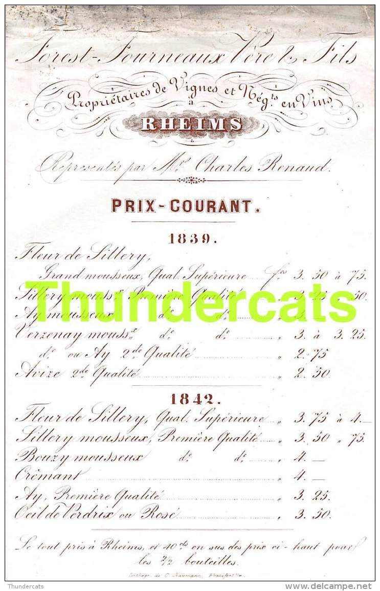 FOREST FOURNEAUX VERE &amp; FILS RHEIMS REIMS CHARLES RENAUD 1839 1842 LOTHO HAUMANN VINS CHAMPAGNE ALCOOL CARTE PORCELA - Reims