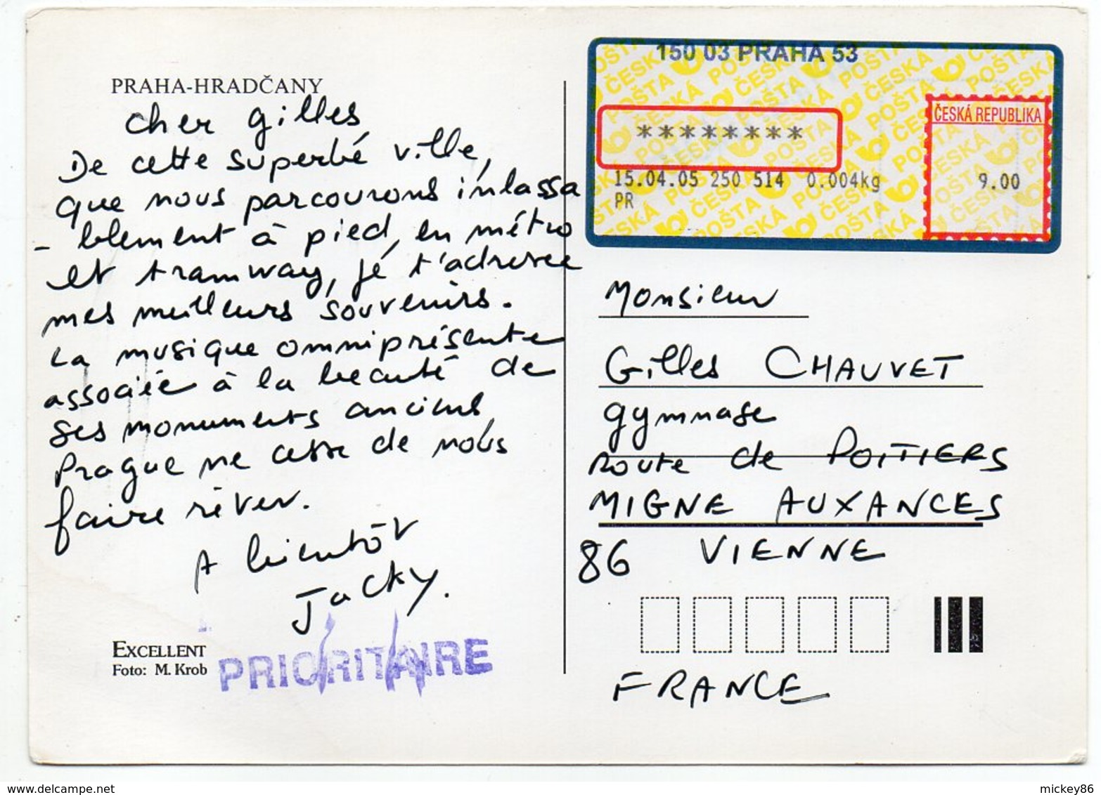 Tchéquie--Vignette Sur Carte Postale De Prague Pour Migne Auxances -86  France - Lettres & Documents