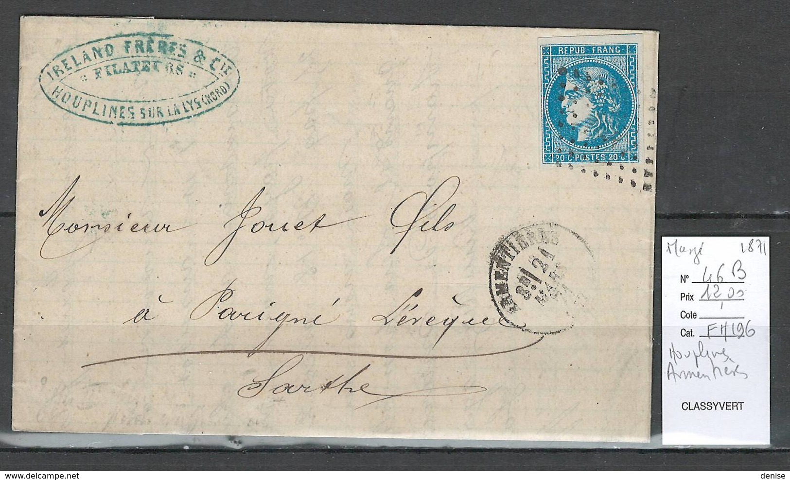 Lettre Houplines - Armentieres - Nord -1871 Yvert Bordeaux 46b - 1849-1876: Periodo Classico