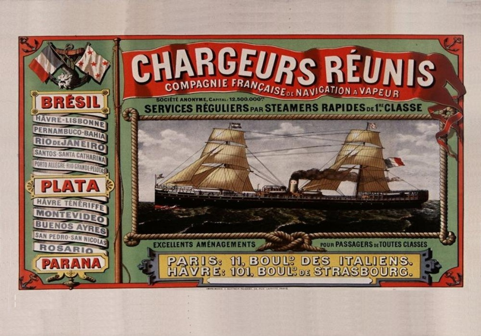 France Navigation Postcard Chargeurs Réunis Brésil Plata Parana 1887 - Reproduction - Advertising