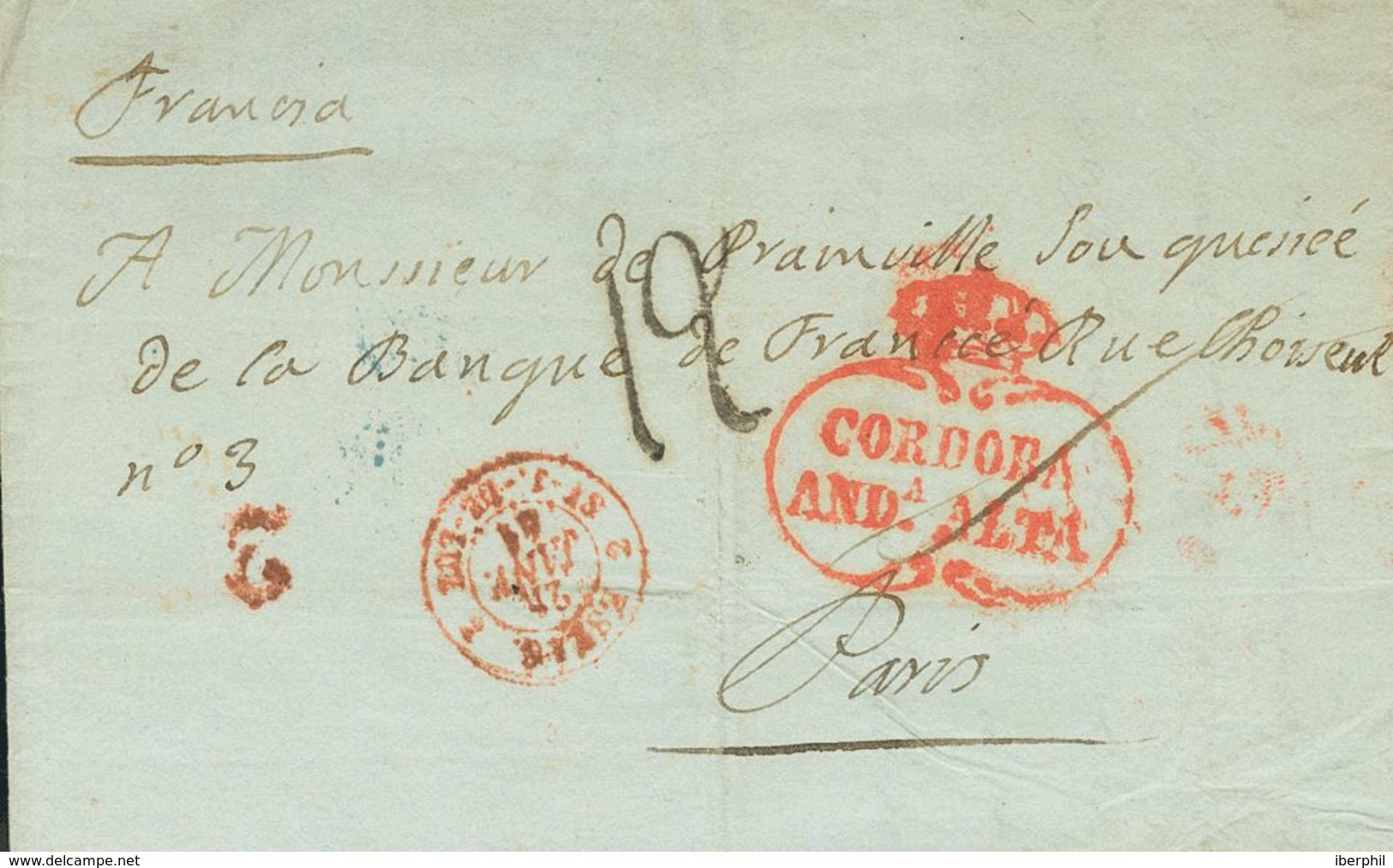 SOBRE. 1842. CORDOBA A PARIS (FRANCIA). Marca CORDOBA / ANDª ALTA (P.E.8) Edición 2004 Y Porteos Franceses "2" Y "12". M - ...-1850 Préphilatélie