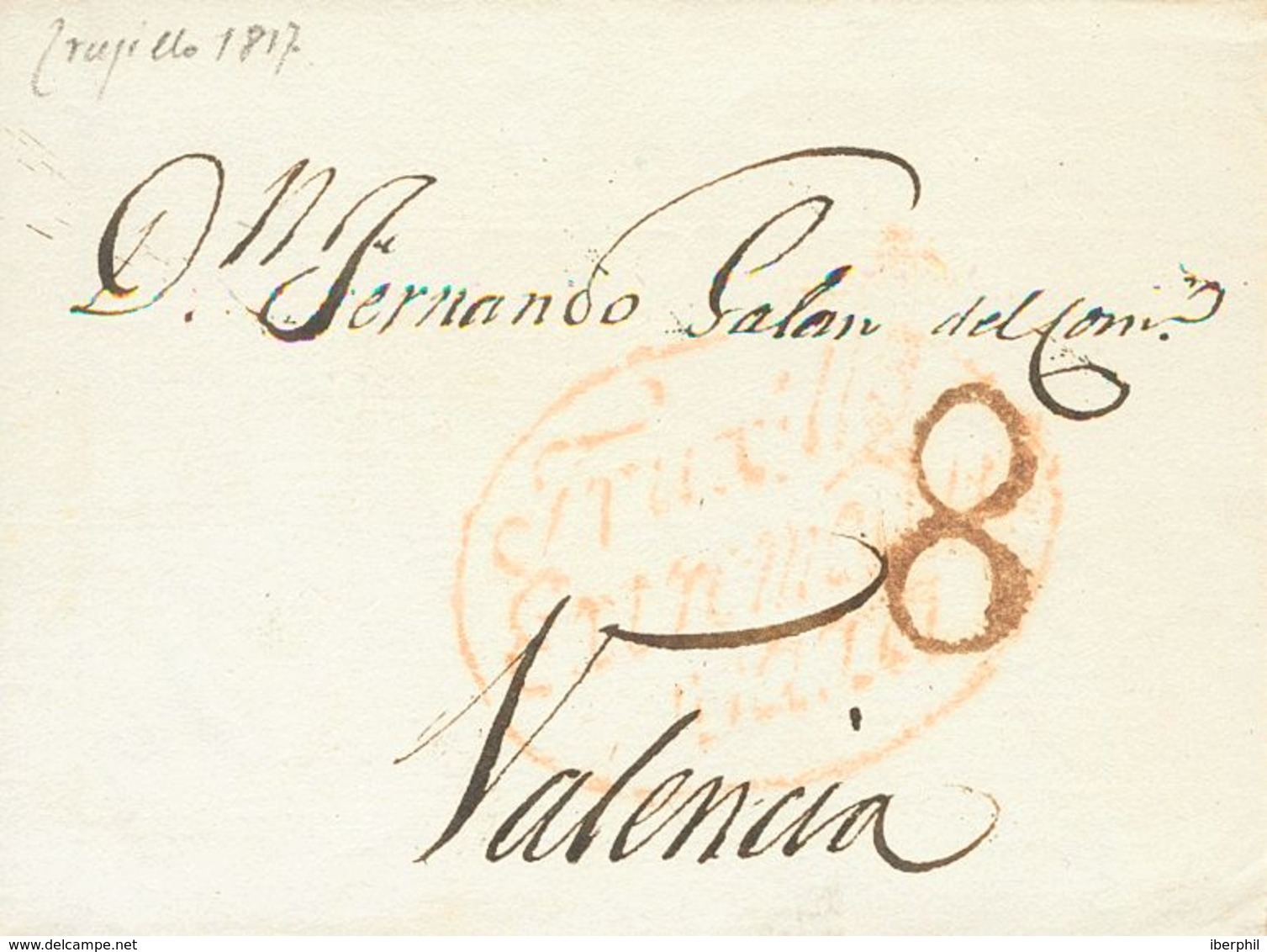 SOBRE. 1817. TRUJILLO (CACERES) A VALENCIA. Marca TRUJILLO / EXTREMADURA / VAXA (P.E.5) Edición 2004. MAGNIFICA. - ...-1850 Prephilately