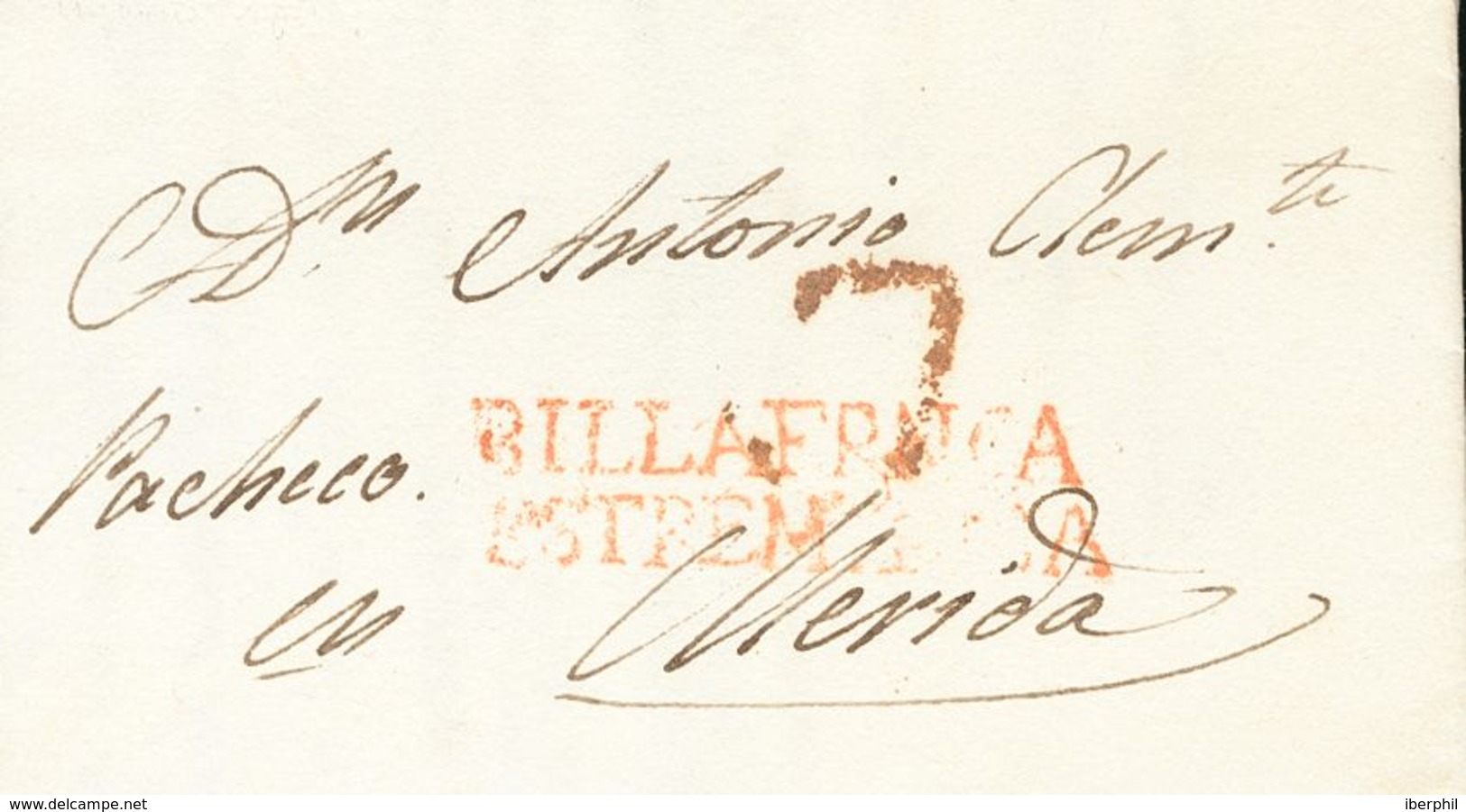 SOBRE. 1825. VILLAFRANCA DE LOS BARROS (BADAJOZ) A MERIDA. Marca BILLAFRANCA / ESTREMADURA BAXA, En Rojo (P.E.3) Edición - ...-1850 Prefilatelia