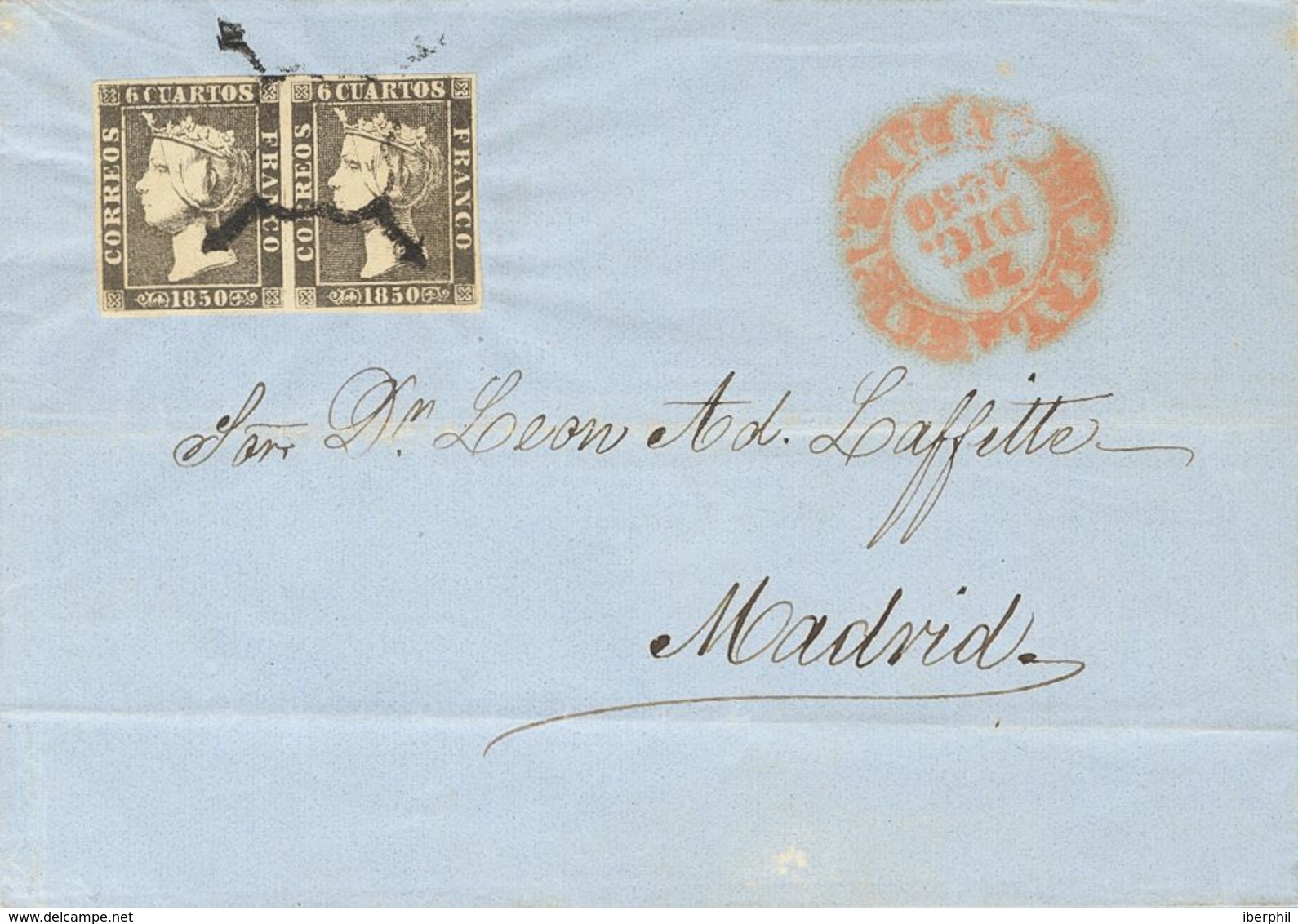 SOBRE 1A(2). 1850. 6 Cuartos Negro, Pareja. MALAGA A MADRID. MAGNIFICA CARTA DE DOBLE PORTE, MUY ESPECTACULAR. - Sonstige & Ohne Zuordnung