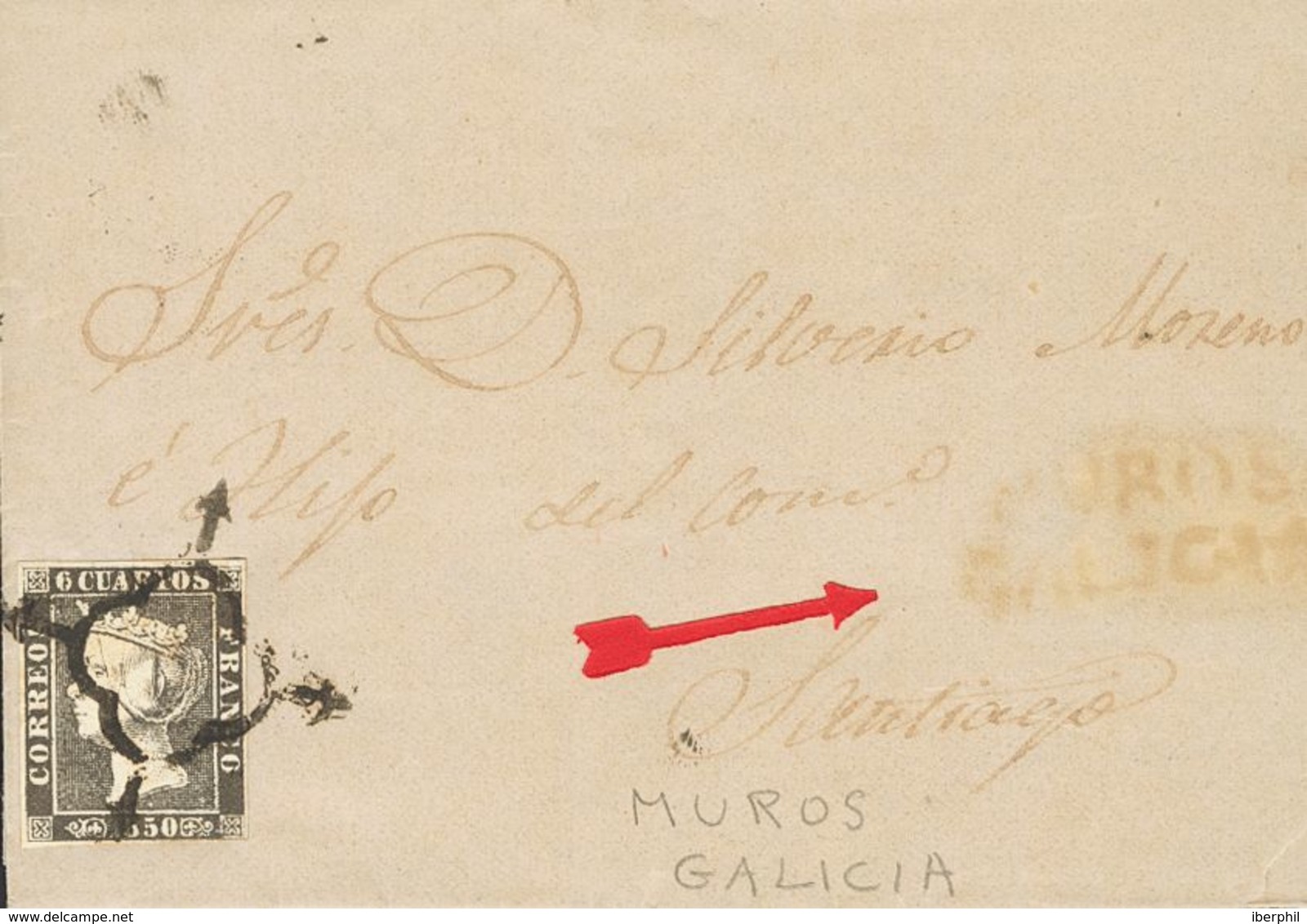 SOBRE 1. 1850. 6 Cuartos Negro. MUROS (CORUÑA) A SANTIAGO (CORUÑA). En El Frente Marca MUROS / GALICIA. MAGNIFICA E INUS - Andere & Zonder Classificatie