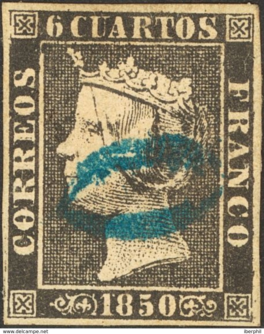 º1. 1850. 6 Cuartos Negro (I-15). Matasello Prefilatélico "O", En Azul De Zaragoza. MAGNIFICO Y ESPECTACULAR. - Sonstige & Ohne Zuordnung
