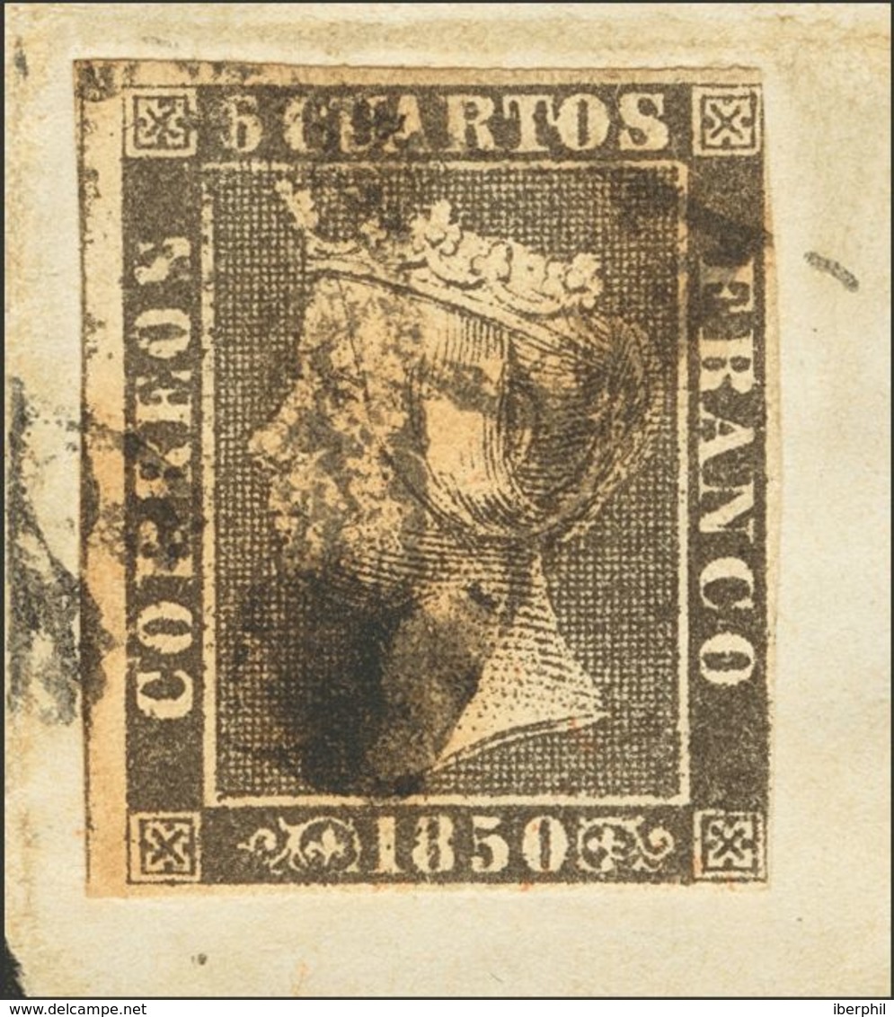 FRAGMENTO 1A. 1850. 6 Cuartos Negro (II-31), Sobre Fragmento. Matasello "As", En Negro De Barcelona. MAGNIFICO. - Autres & Non Classés