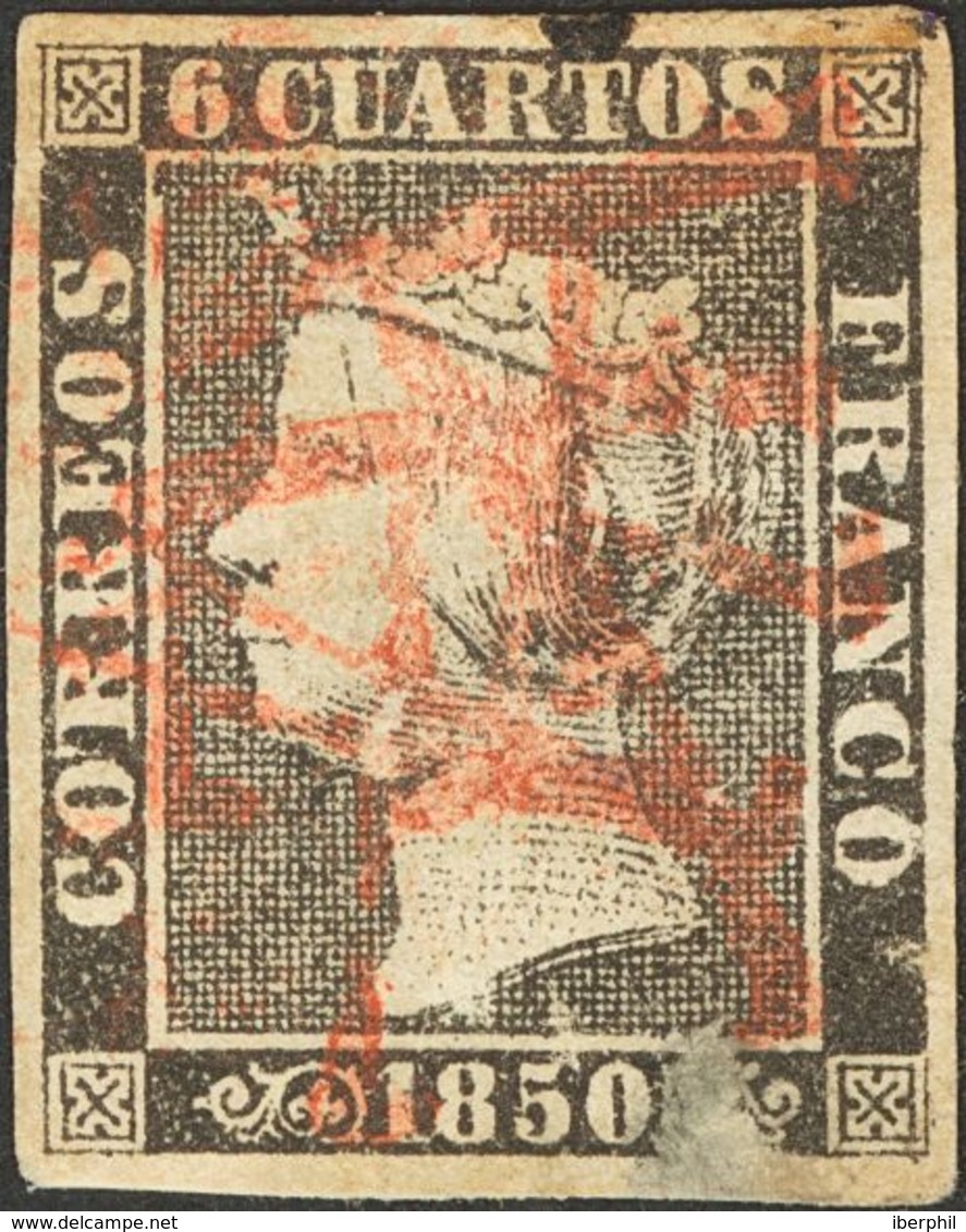 º1. 1850. 6 Cuartos Negro (pequeña Claridad En El Márgen Inferior). Matasello Prefilatélico "A", En Rojo Estampado Varia - Sonstige & Ohne Zuordnung