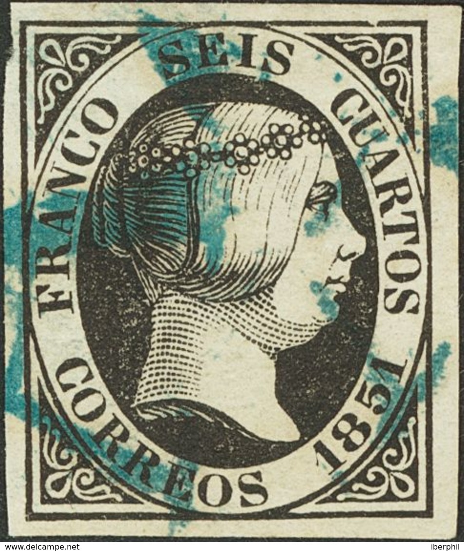 º6. 1851. 6 Cuartos Negro. Matasello Prefilatélico "A", En Azul De Burgos. MAGNIFICA Y RARISIMA. - Sonstige & Ohne Zuordnung