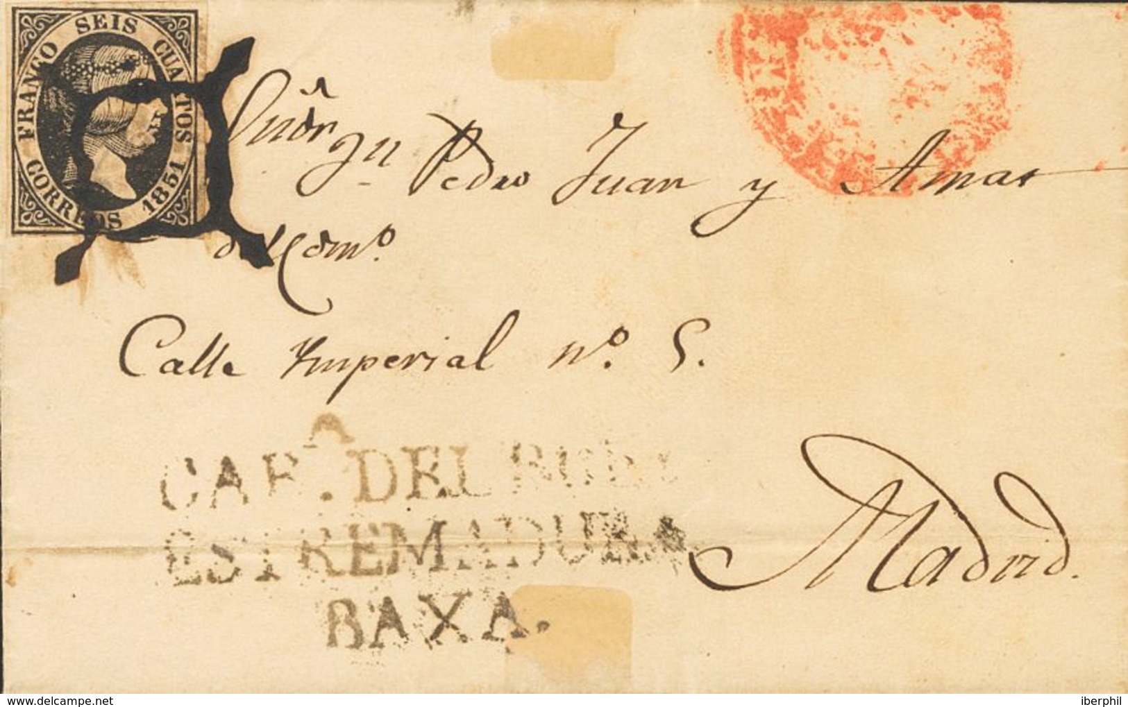 SOBRE 6. 1851. 6 Cuartos Negro. CABEZA DE BUEY A MADRID (doblez De Archivo). Matasello ARAÑA, En Tinta De Escribir Y En  - Sonstige & Ohne Zuordnung