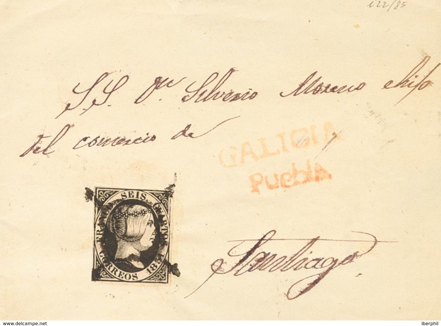 SOBRE 6. 1851. 6 Cuartos Negro. PUEBLA (CORUÑA) A SANTIAGO. En El Frente GALICIA / PUEBLA, En Rojo. MAGNIFICA. - Sonstige & Ohne Zuordnung