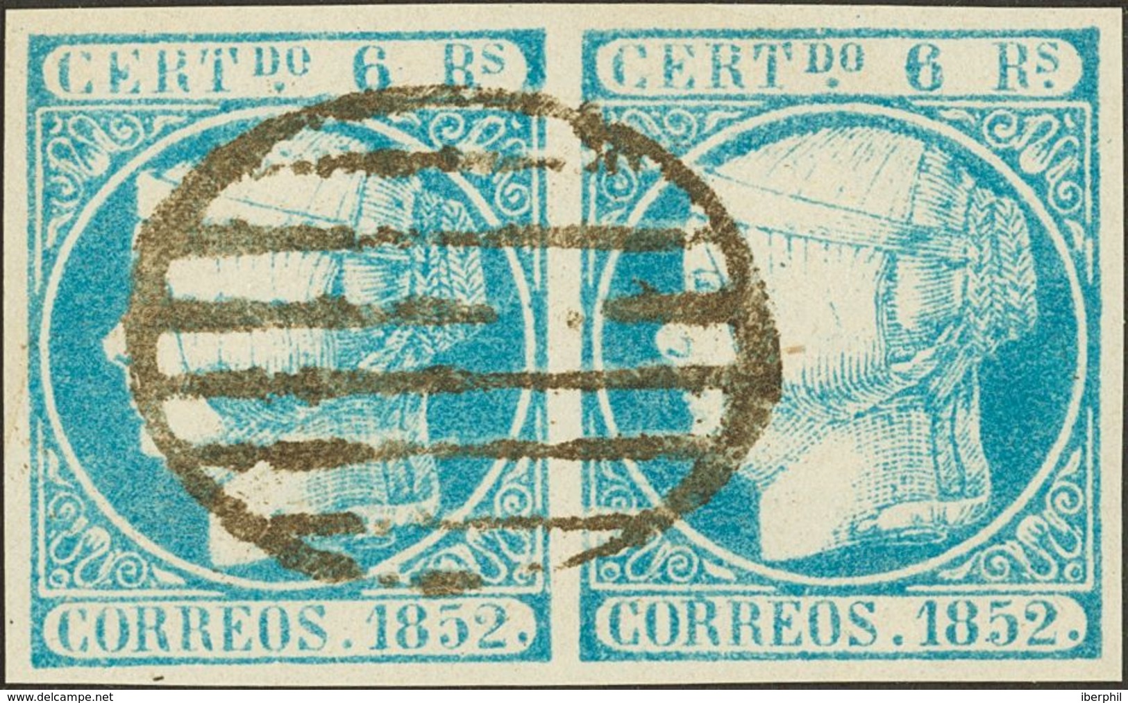 º16F(2). 1852. 6 Reales Azul, Pareja. FALSO SPERATI (Tipos C Y D), Al Dorso Marca De La B.P.A. MAGNIFICO. - Autres & Non Classés