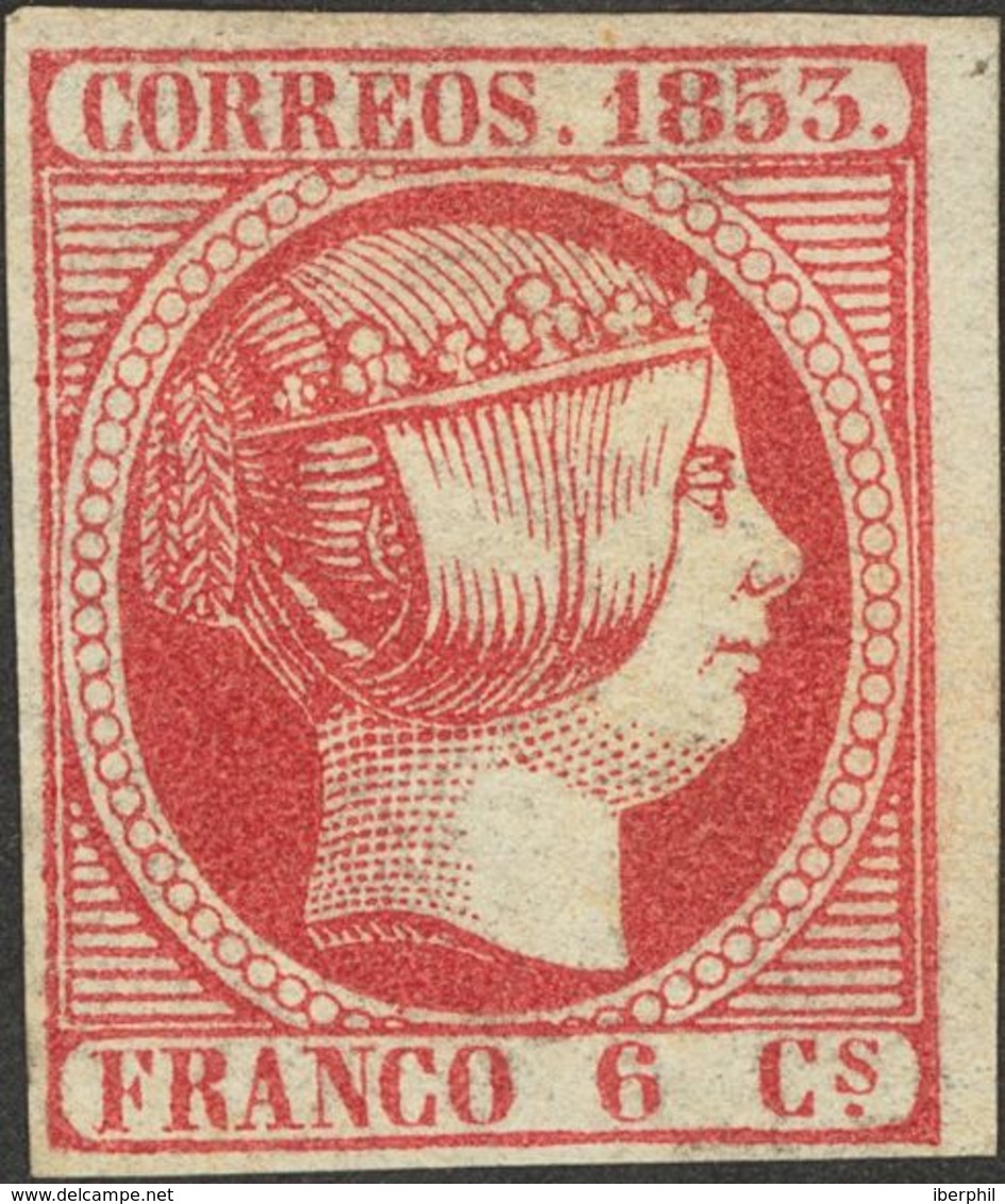 (*)17. 1853. 6 Cuartos Rosa, Borde De Hoja. MAGNIFICO. Cert. COMEX. Edifil 2018: 610 Euros - Sonstige & Ohne Zuordnung