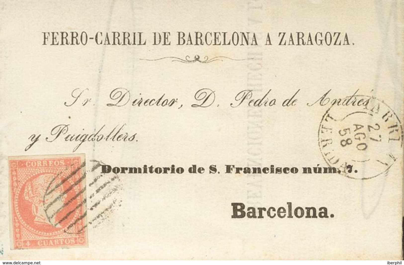 SOBRE 48. 1858. 4 Cuartos Rojo. Sobre Con El Membrete FERROCARRIL DE BARCELONA A ZARAGOZA De MANRESA A BARCELONA. MAGNIF - Sonstige & Ohne Zuordnung