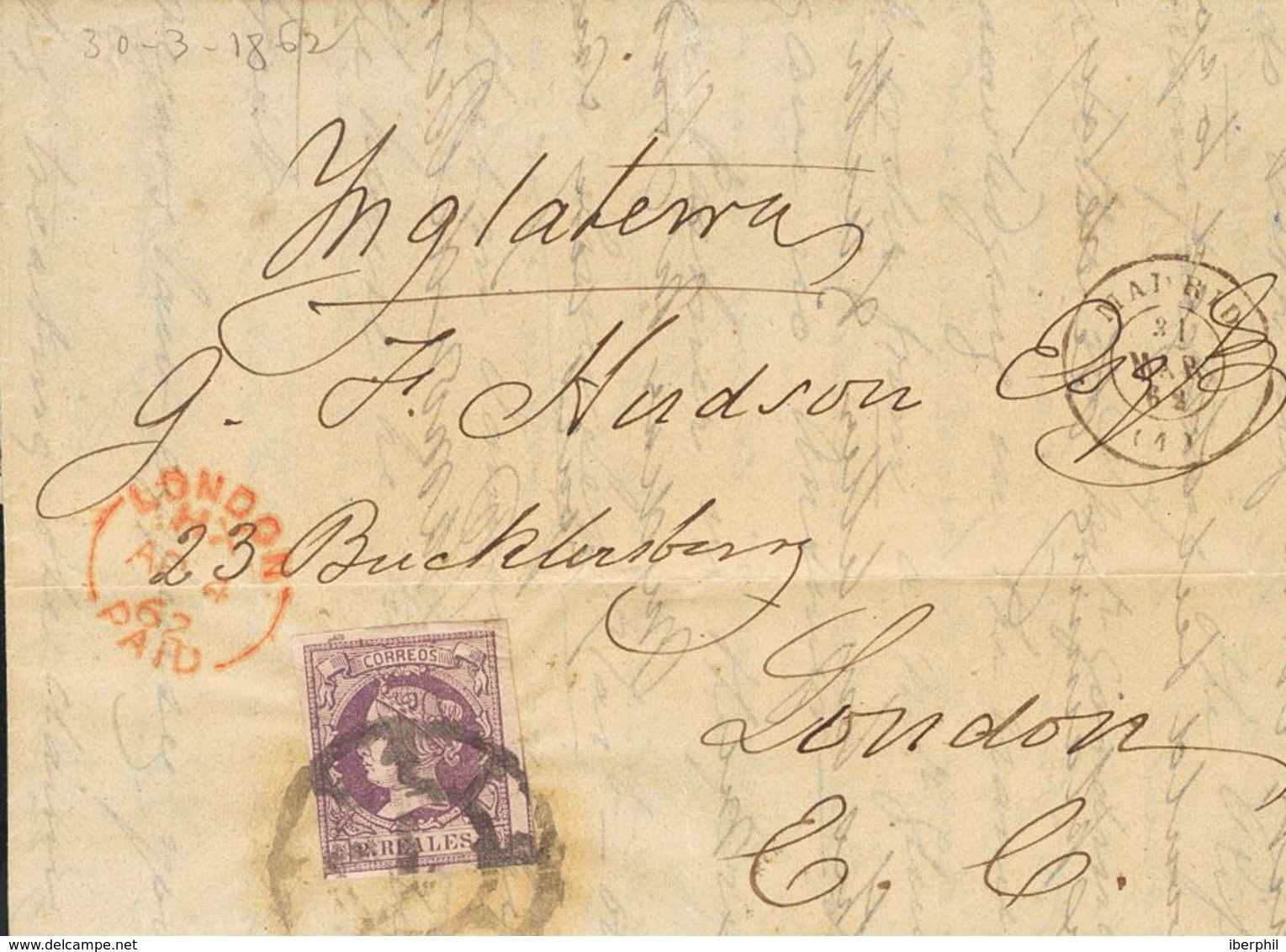 SOBRE 56. 1862. 2 Reales Lila. MADRID A LONDRES (INGLATERRA). MAGNIFICA E INUSUAL. - Sonstige & Ohne Zuordnung