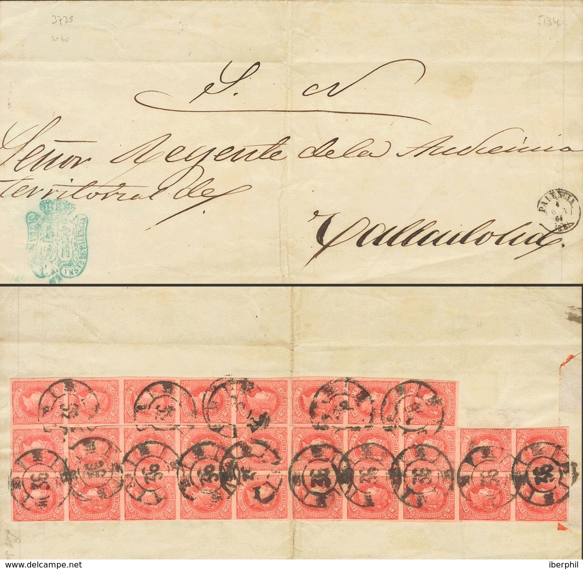 SOBRE 64(28). 1864. 4 Cuartos Rojo, Bloque De Veinte Y De Ocho Sellos (franqueo Al Dorso). Plica Judicial De PALENCIA A  - Autres & Non Classés
