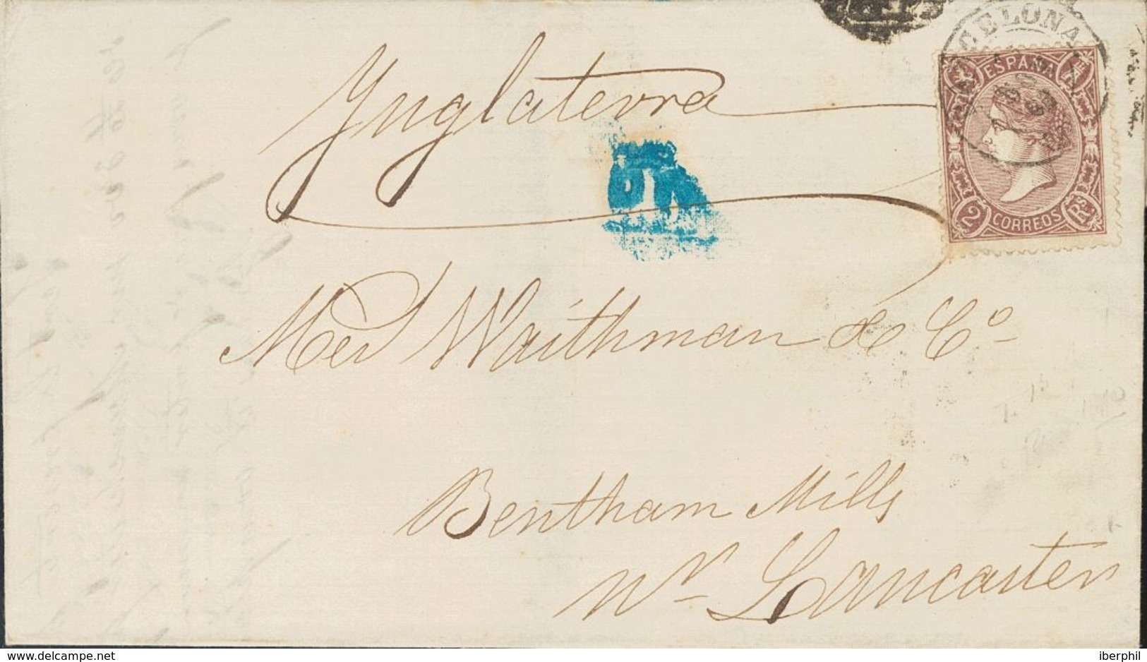 SOBRE 79. 1865. 2 Reales Lila Oscuro (sello De Color Intenso Muy Nítido). BARCELONA A LANCASTER (INGLATERRA). MAGNIFICA  - Autres & Non Classés