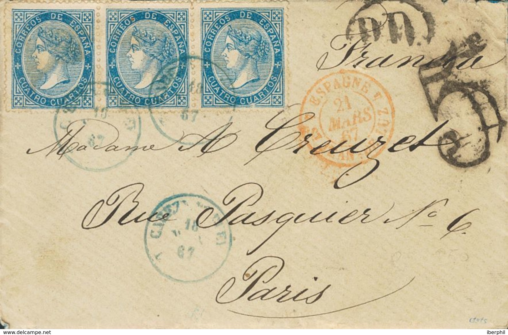SOBRE 88(3). 1867. 4 Cuartos Azul, Tira De Tres. CABEZA DEL BUEY (CACERES) A PARIS (FRANCIA). Matasello CABEZA DEL BUEY  - Autres & Non Classés