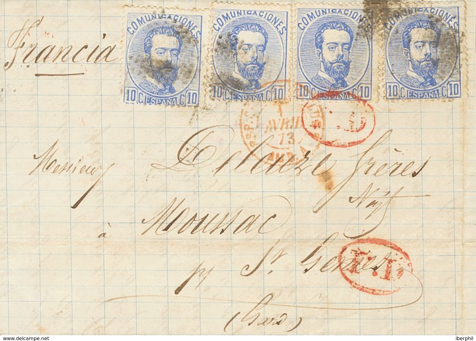 SOBRE 121(4). 1873. 10 Cts Azul, Cuatro Sellos. ZARAGOZA A SAINT GENET (FRANCIA). MAGNIFICA E INUSUAL COMBINACION PARA C - Other & Unclassified