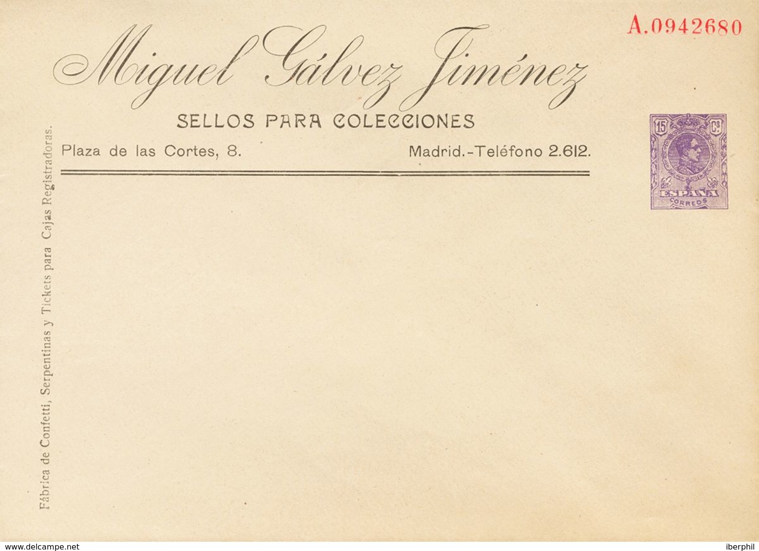 (*)EP258. 1917. 15 Cts Violeta Sobre Entero Postal Privado MIGUEL GALVEZ. MAGNIFICO Y MUY RARO. (Láiz 2006, 400 Euros) - Autres & Non Classés