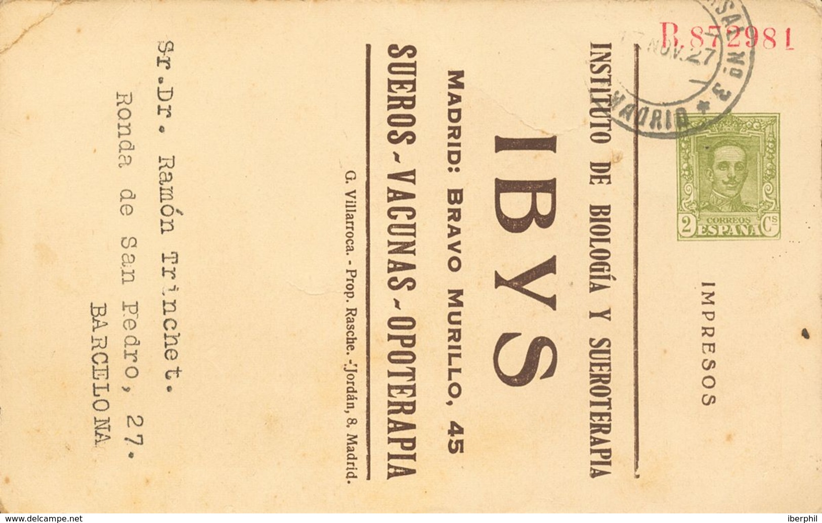 SOBRE EP436. 1927. 2 Cts Verde Oliva Sobre Tarjeta Entero Postal Privado YBYS (Universidad De Jerusalén Tipo II) De MADR - Other & Unclassified