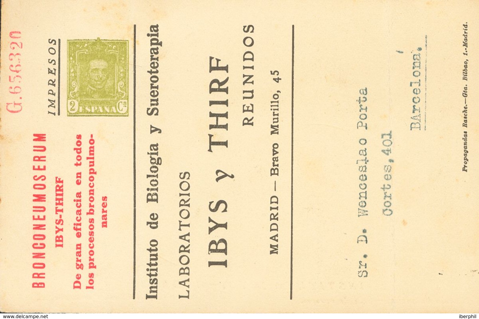 SOBRE EP474. (1928ca). 2 Cts Verde Oliva Sobre Tarjeta Entero Postal Privado YBYS Y THIRF (Sobreimpresión Bronconeumoser - Other & Unclassified