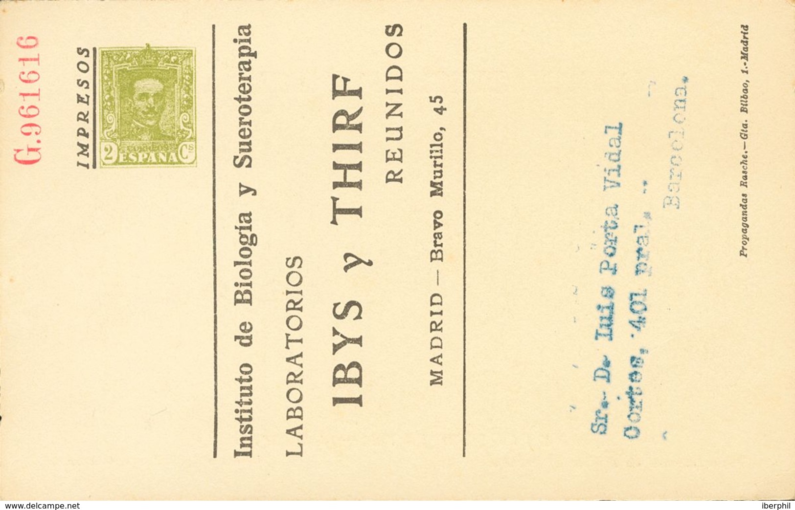 SOBRE EP475. (1928ca). 2 Cts Verde Oliva Sobre Tarjeta Entero Postal Privado YBYS Y THIRF (Sobreimpresión Bronconeumoser - Autres & Non Classés