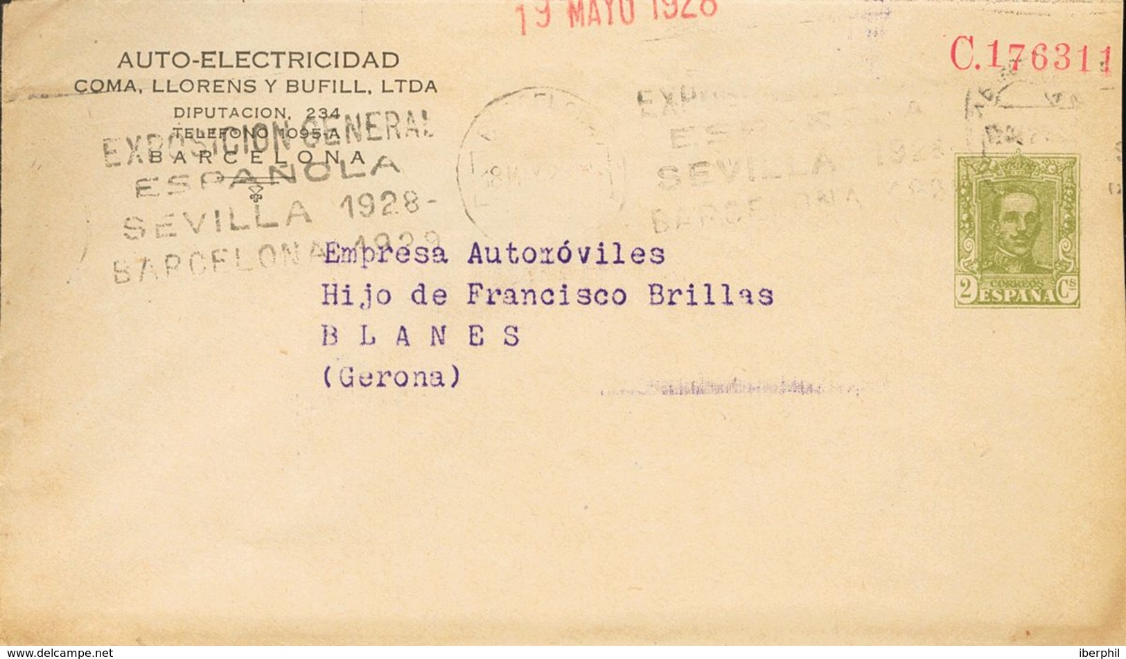 SOBRE EP607. 1928. 2 Cts Verde Oliva Sobre Entero Postal Privado AUTO-ELECTRICIDAD (Teléfono 1095A) De BARCELONA A BLANE - Autres & Non Classés