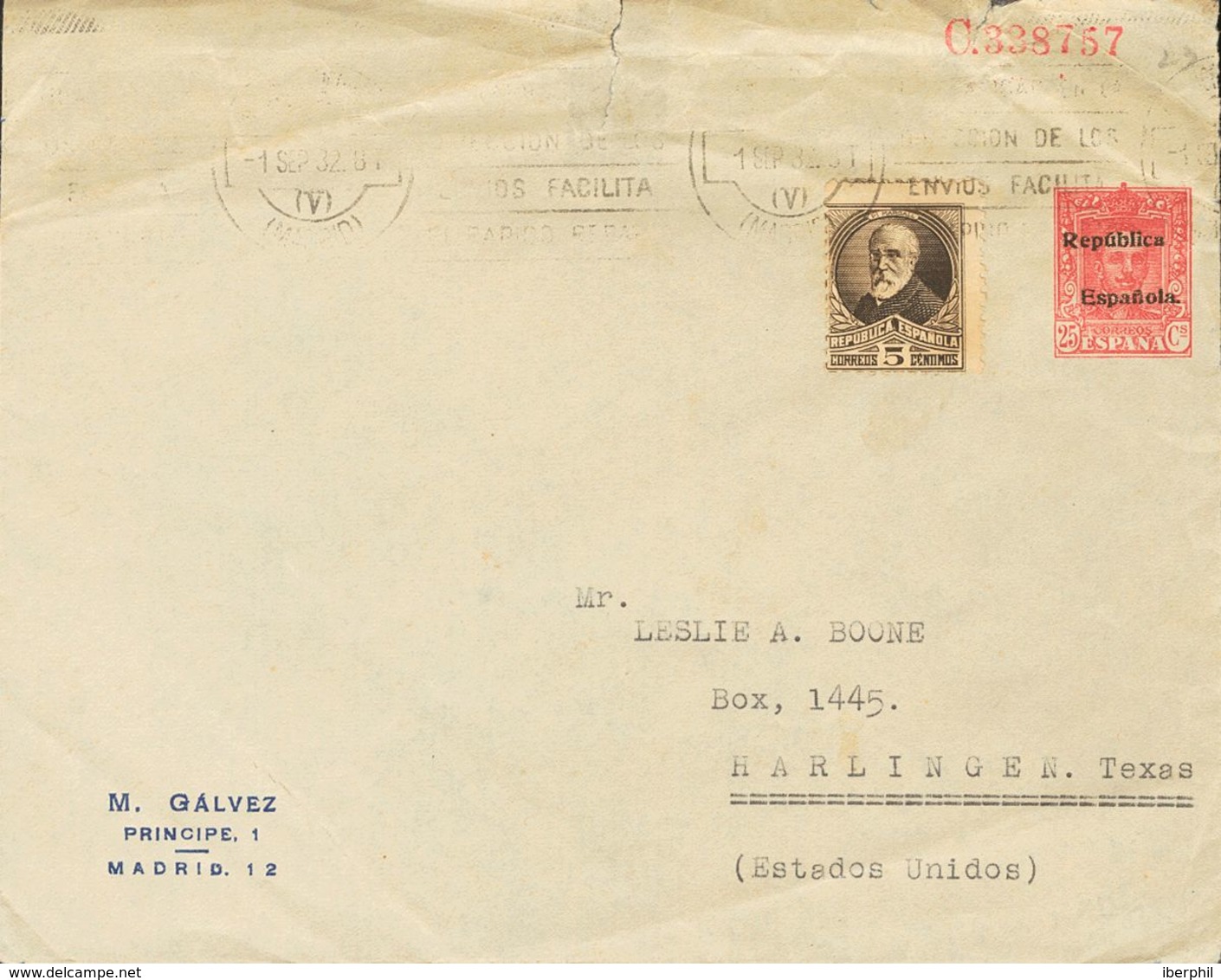 SOBRE EP940Fb. 1932. 25 Cts Carmín Sobre Entero Postal Privado M.GALVEZ De MADRID A HARLINGEN (U.S.A.), Con Franqueo Com - Autres & Non Classés