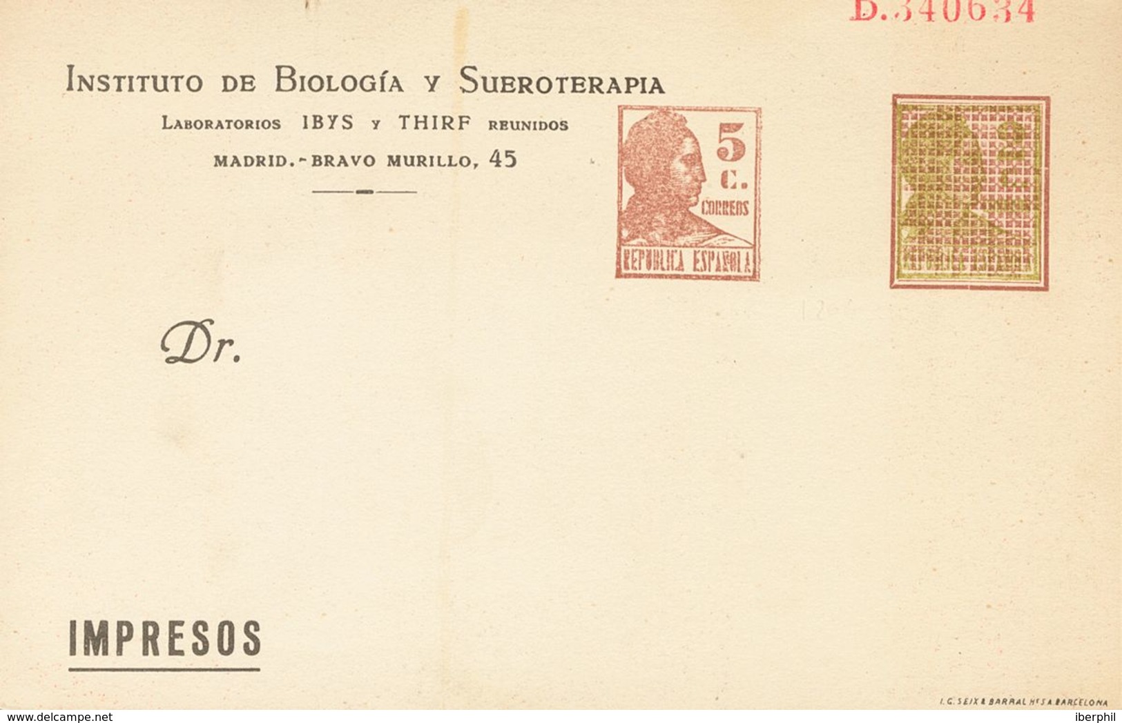 (*)EP1064. 1932. 5 Cts Castaño Sobre 2 Cts Verde Oliva Sobre Entero Postal Privado LABORATORIOS IBYS Y THIRF. MAGNIFICO  - Autres & Non Classés