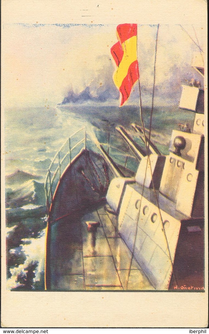 (*). (1936ca). Tarjeta Postal Ilustrada Nº9 (Buque), Con Leyenda Al Dorso "Y También En El Mar Domina Franco". MAGNIFICA - Otros & Sin Clasificación